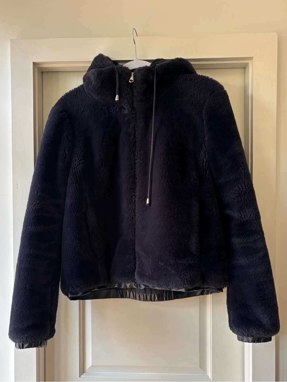 Plush Hooded Teddy Jacket in dark navy